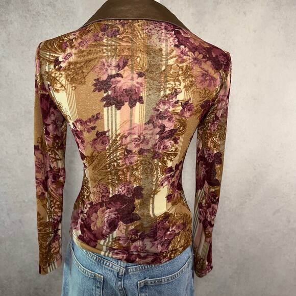 Y2K Burgundy Floral Blouse Long Sleeve Top Size Small - Picture 3 of 4
